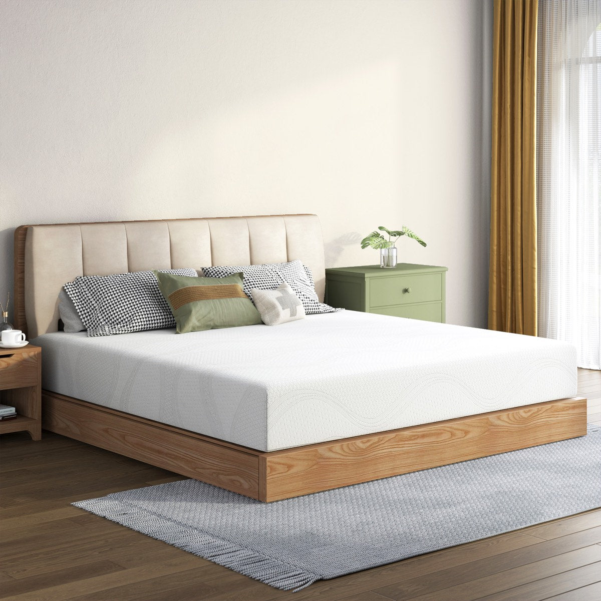 Memory foam mattress shown in a furnished bedroom