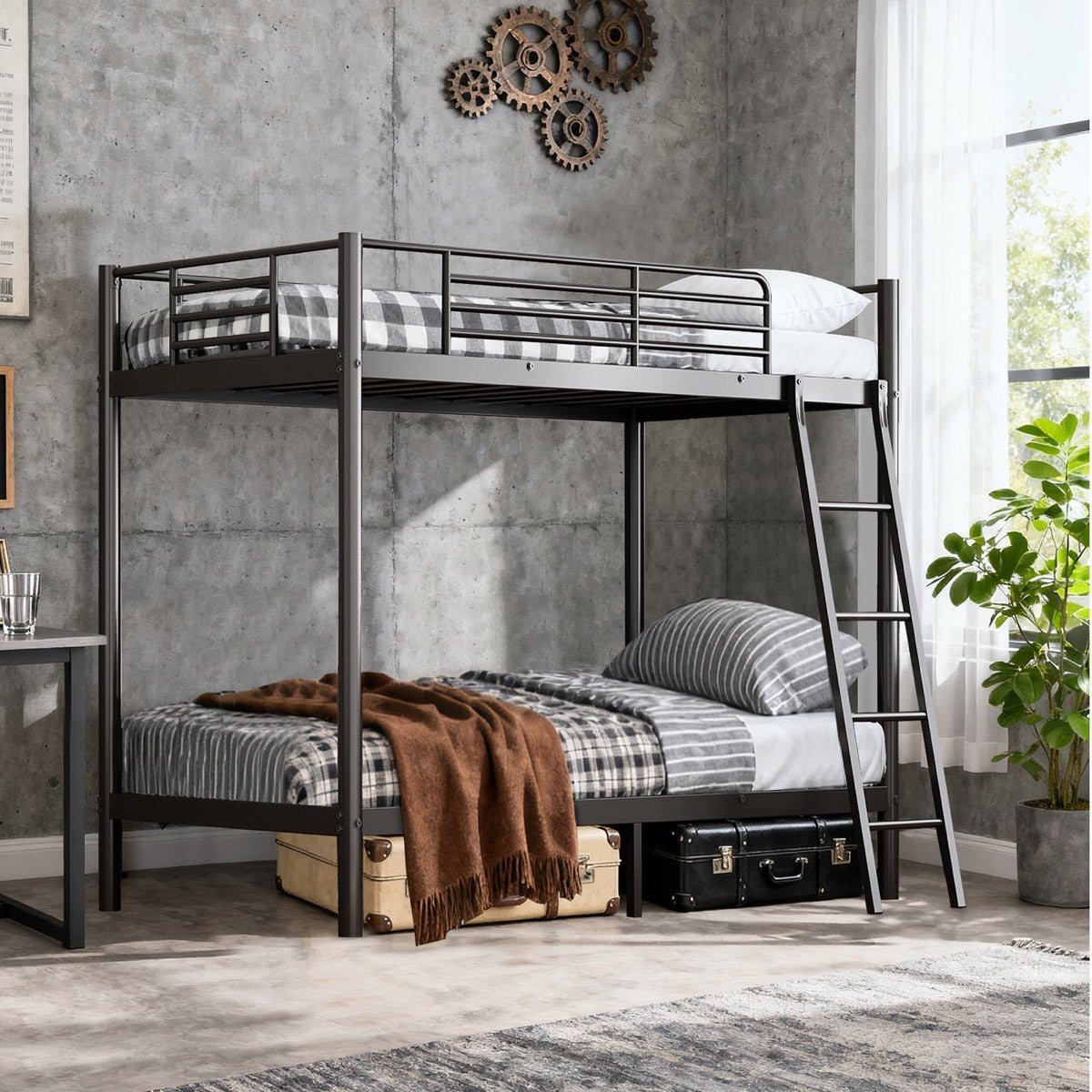 Twin-over-Twin Metal Bunk Bed with Stairs